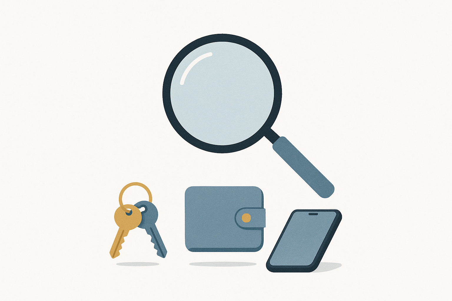 Minimalist illustration of a hand holding a small item finder emitting signal waves, surrounded by outlines of everyday objects like keys, wallet, and phone on a clean background.