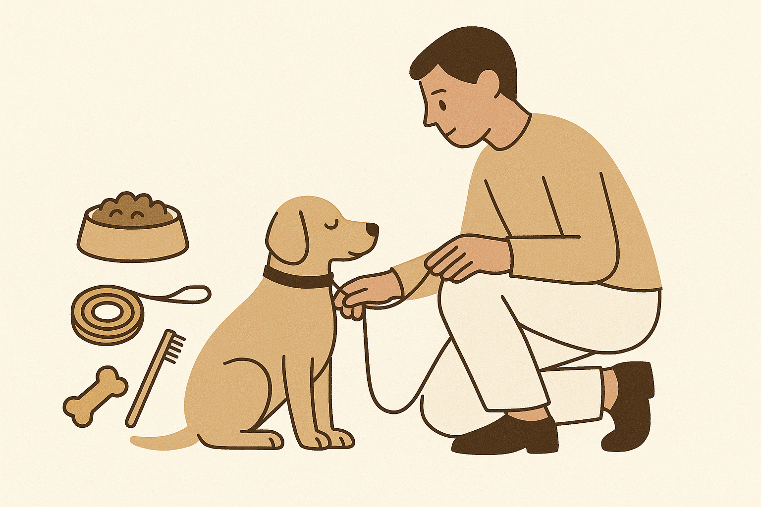 Minimalist illustration of a person holding a small dog on a leash, surrounded by simple icons representing dog care essentials like a food bowl, leash, toothbrush, and treat, all in a clean, modern style with a soft color palette.