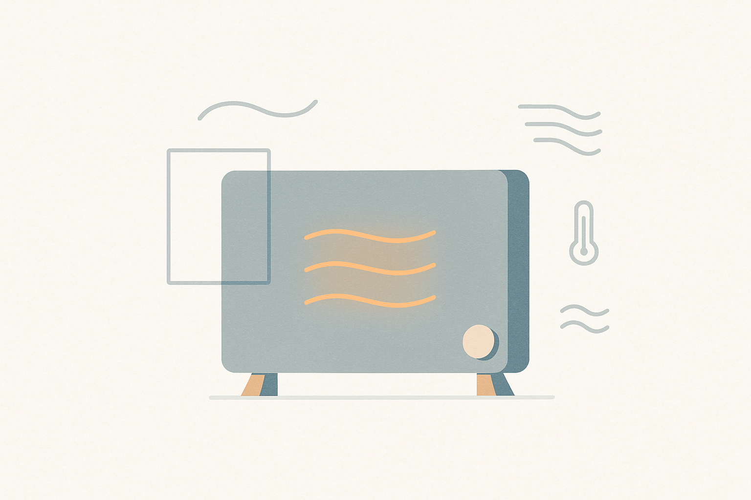 Minimal editorial illustration of an electric heater panel with abstract symbols representing oscillation, glass panel, and warmth, set against a clean white background.
