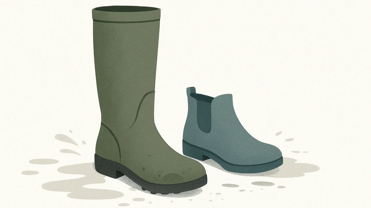 Minimalist illustration of two practical rain boots with abstract puddle and mud accents on a white background, conveying simplicity and usefulness for wet weather.